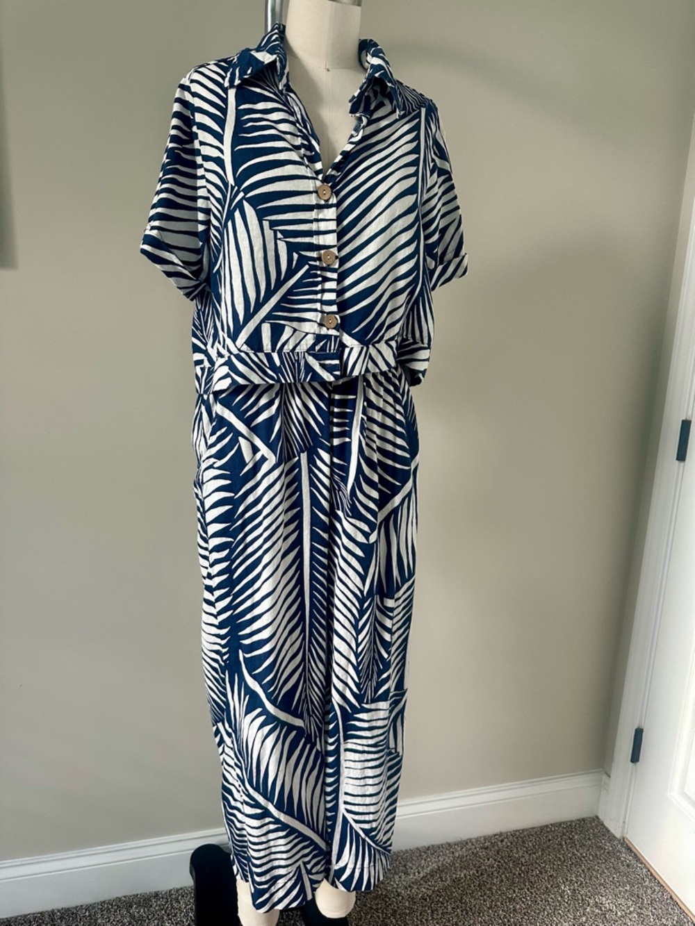 Panama Jack Navy & White Palm Print Linen Blend Short Sleeve Shirt & Pants Small
